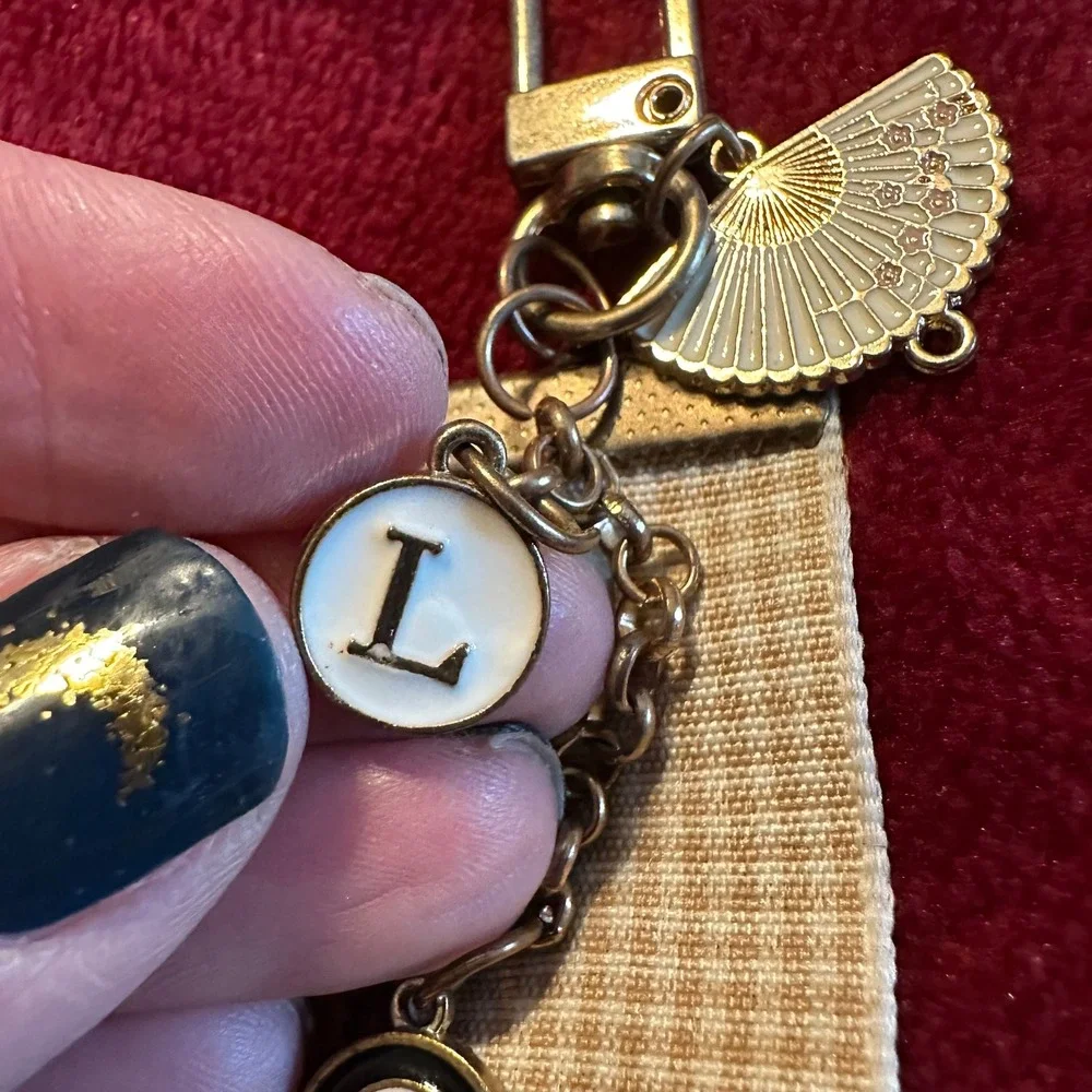 No Face Spirited Away Enamel Keychain Initial L Cherry Blossom Fan Gold Tone